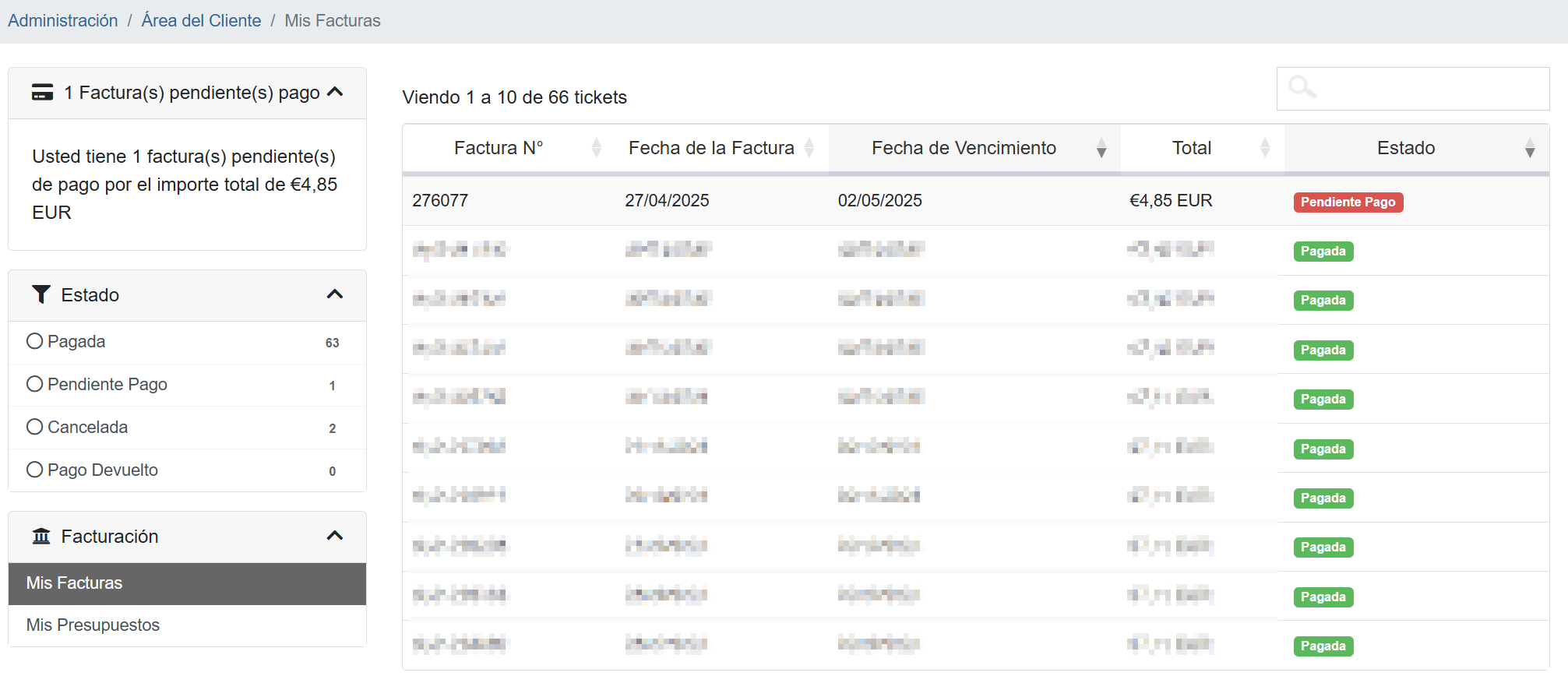 Panel de mis facturas con una factura pendiente de pagar