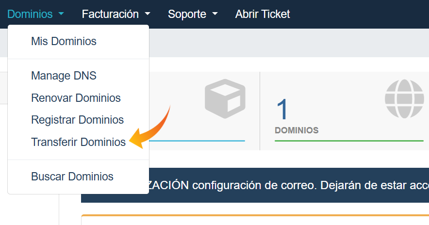 Menú para transferir Dominios