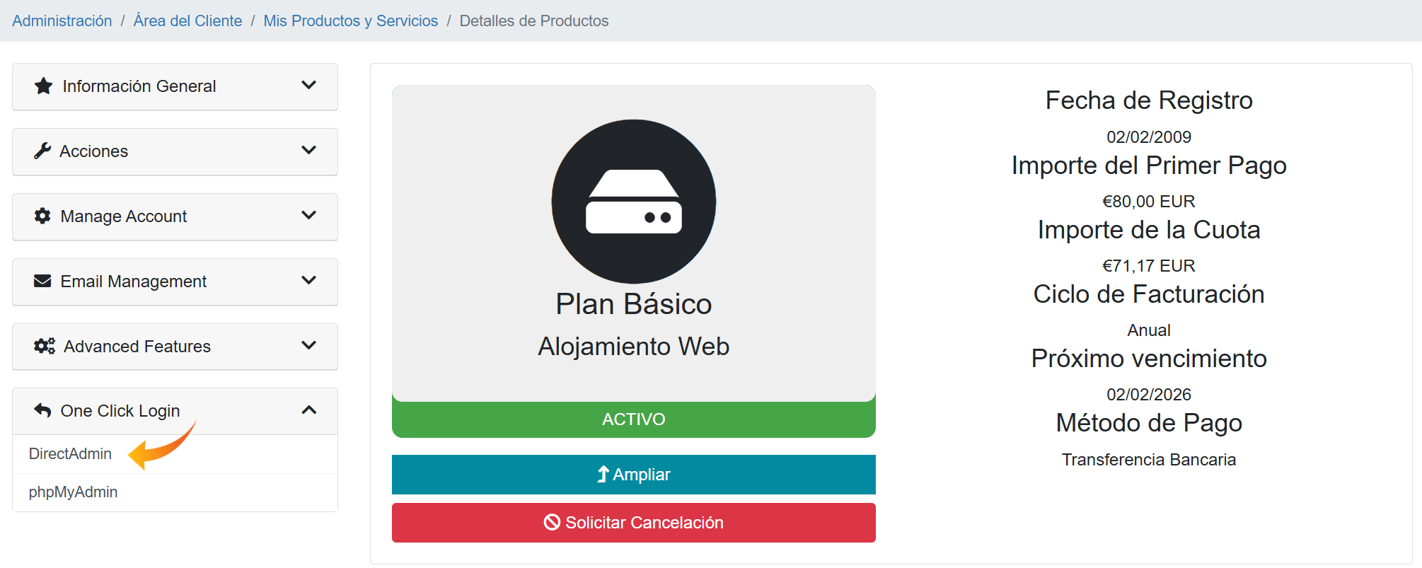 Acceso a DirectAdmin