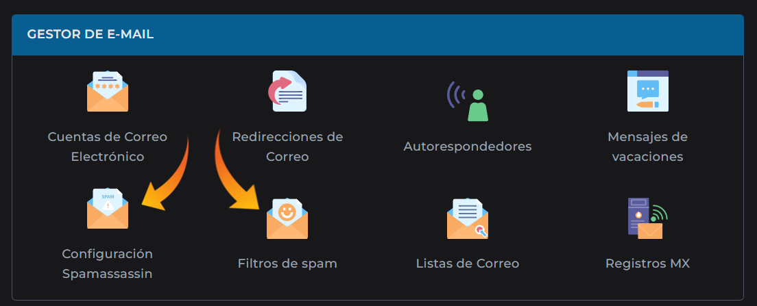 Menu de Spamassassin y Filtros de spam