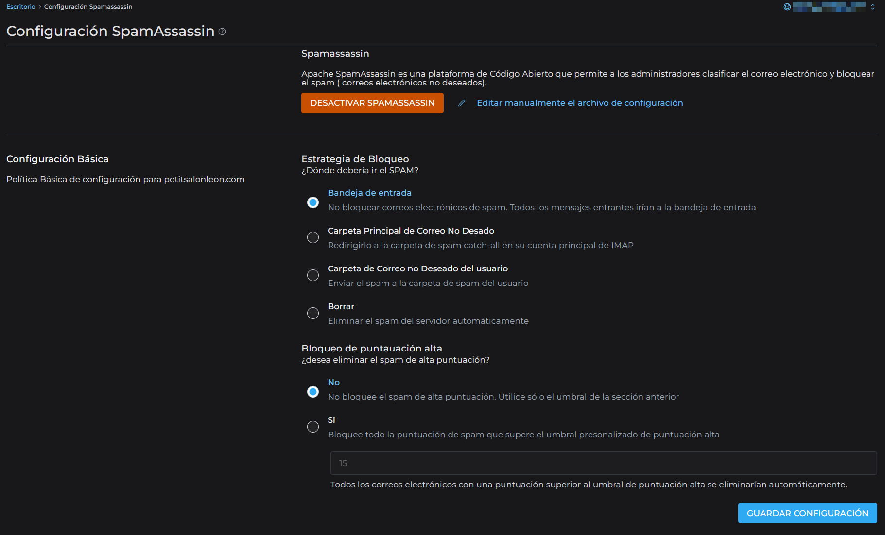 Menu de configuración de Spamassassin