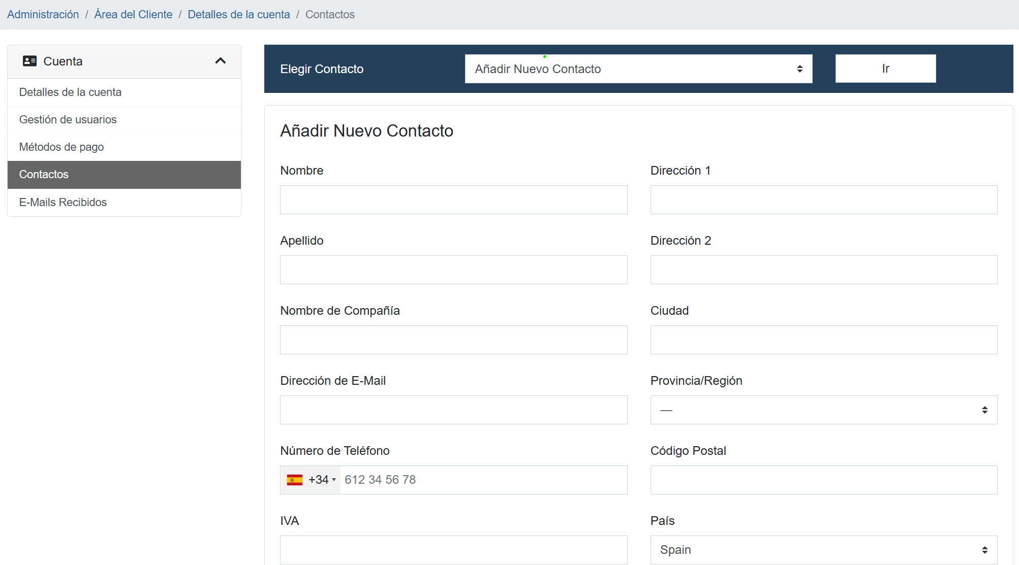 Formulario de creación de nuevo contacto